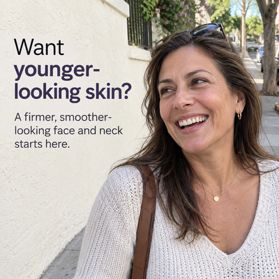 Woman smiling during an everyday walk beside a younger-looking skin message