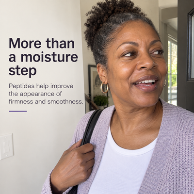 Woman talking at home beside a peptide firmness message