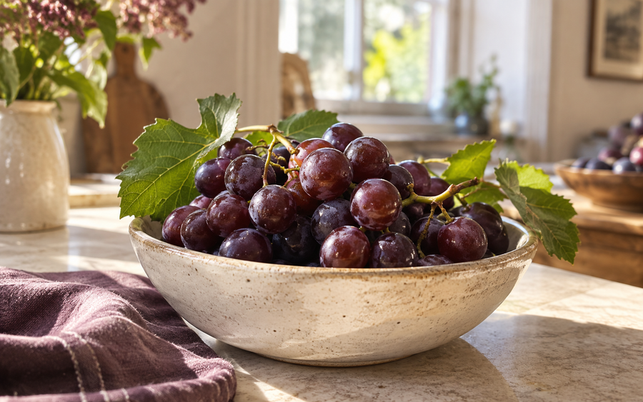Grapes illustrate a plant source of resveratrol; not the documented source of this formula